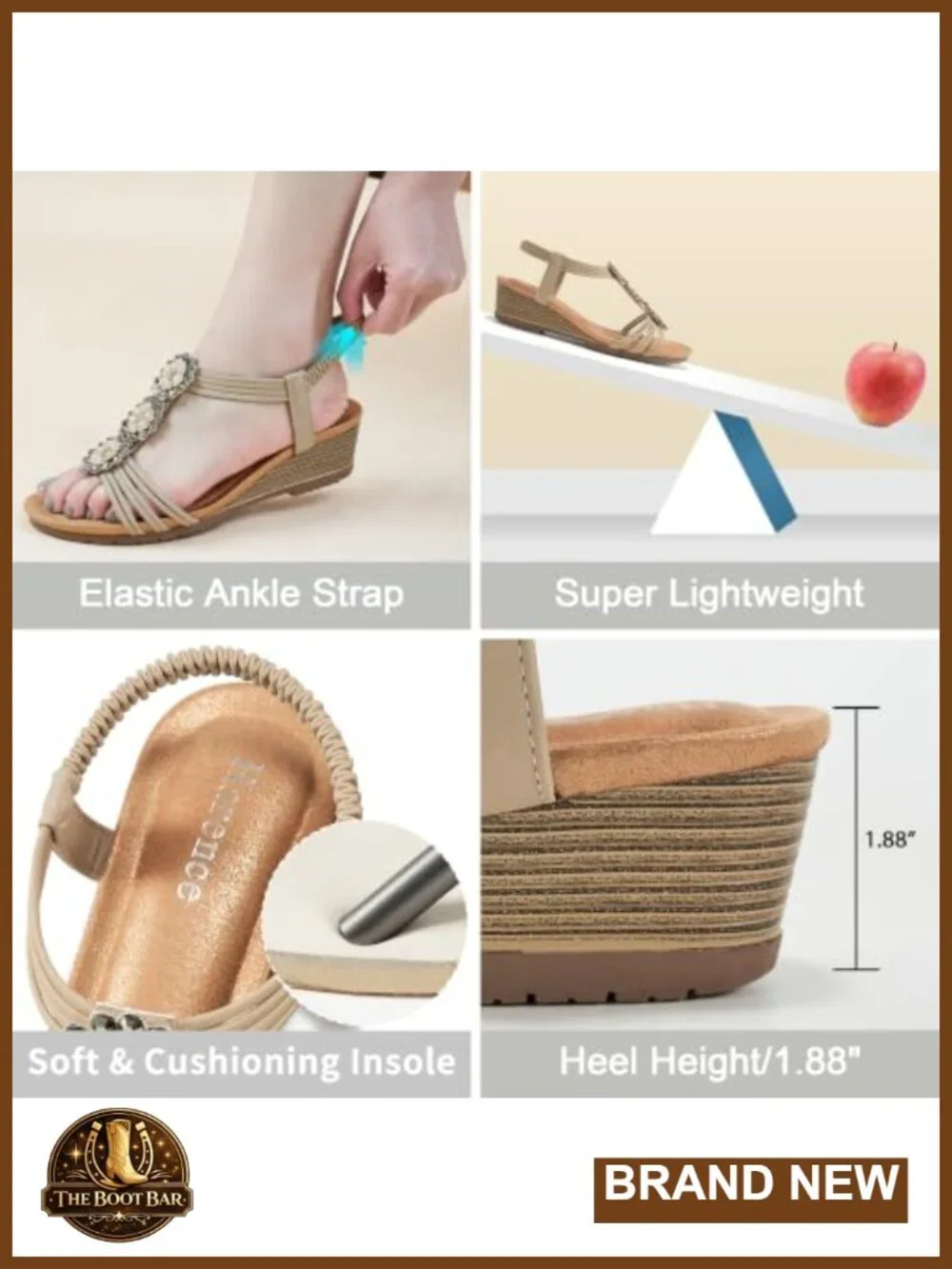Wedge Sandals with Rhinestone Floral Strap & Elastic Slingback 1.88